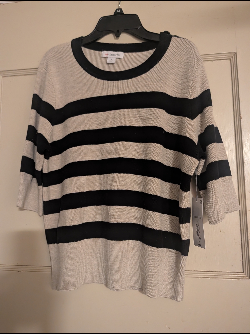 Liz Claiborne Striped Black and Cream Knit Sweater Half Sleeve